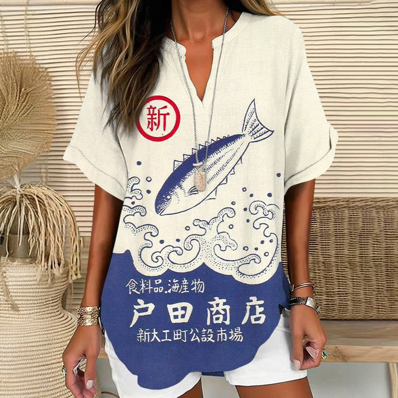 Vintage Japanese Waves And Fish Pattern Print Short Sleeve Casual Blouse - Blue - 5XL - image 1