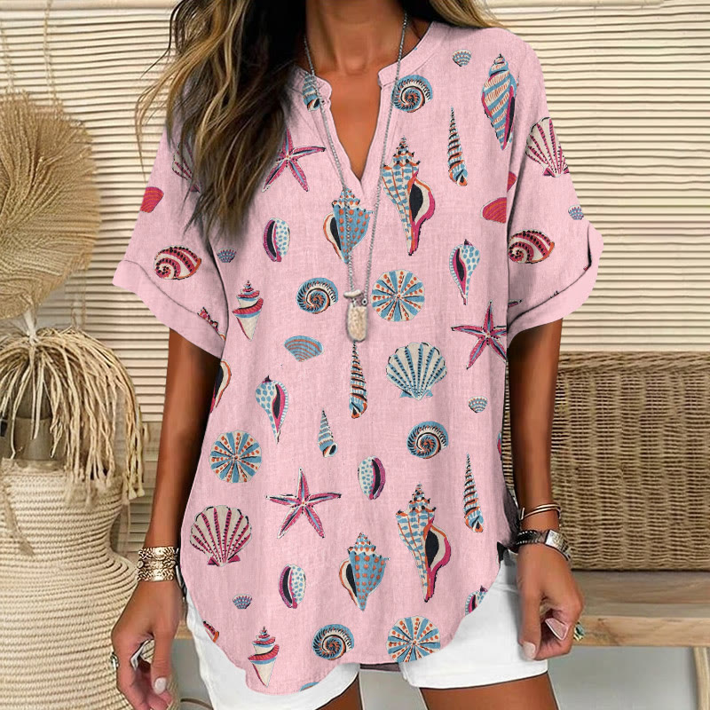  Beach Vacation Colorful Conch Shells Pattern Print Short Sleeve Casual Blouse - Pink - 5XL - image 2