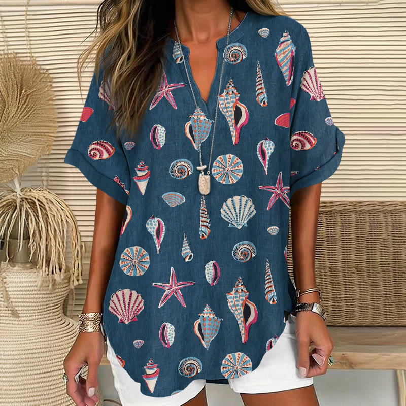  Beach Vacation Colorful Conch Shells Pattern Print Short Sleeve Casual Blouse - Navy Blue - 5XL - image 1