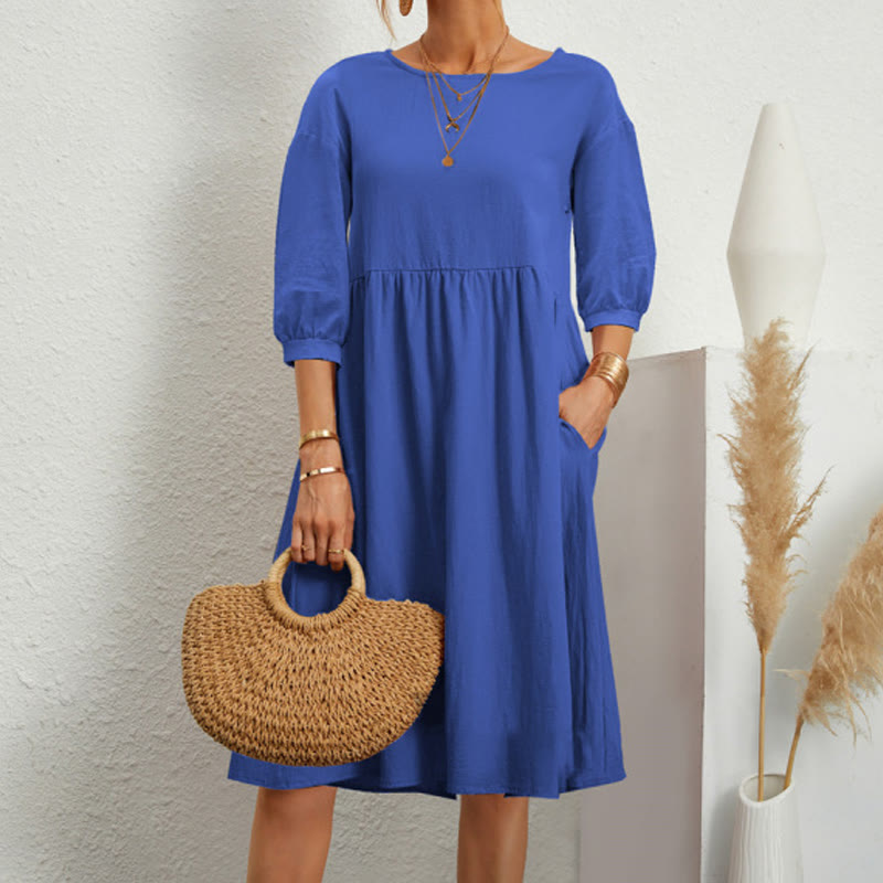 Solid Large Pocket Round-neck Half-sleeve Dress - Blue - 2XL - image 2