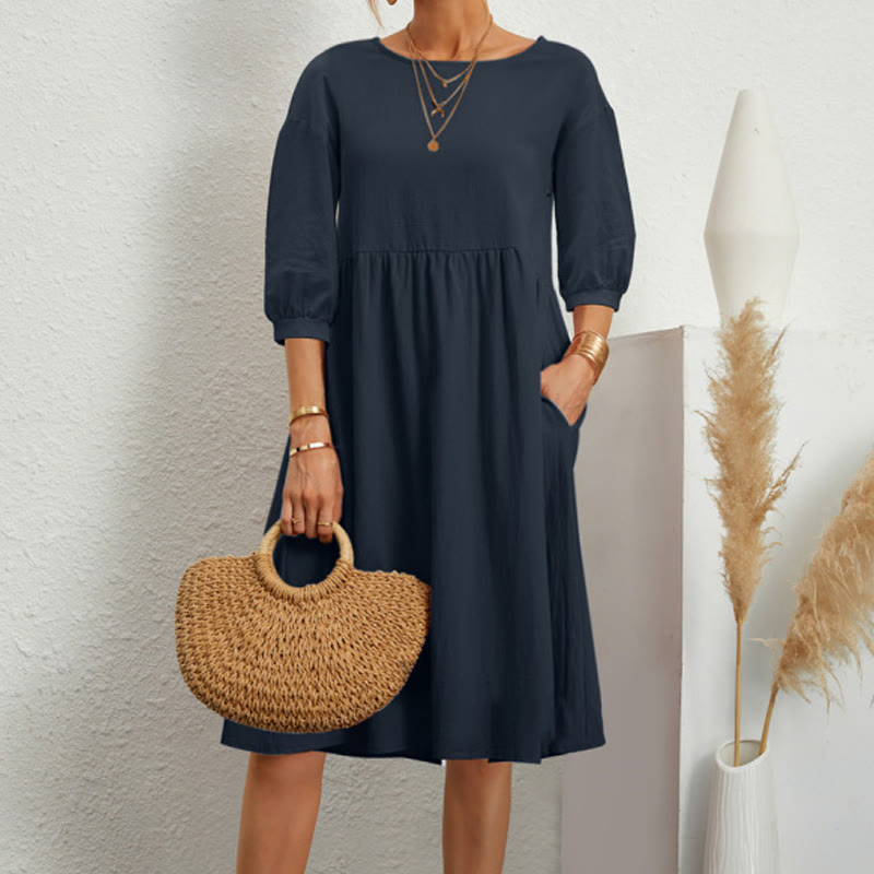 Solid Large Pocket Round-neck Half-sleeve Dress - Navy Blue - 2XL - image 1