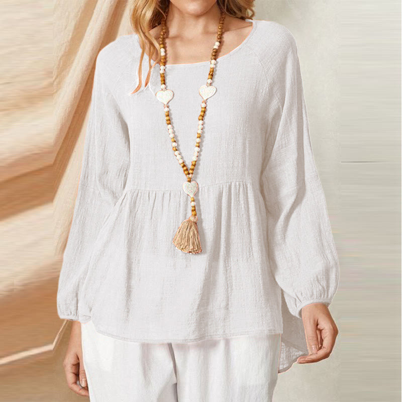 Elegant Solid Round Neck Long-sleeve A-line Blouse - White - 5XL - image 2
