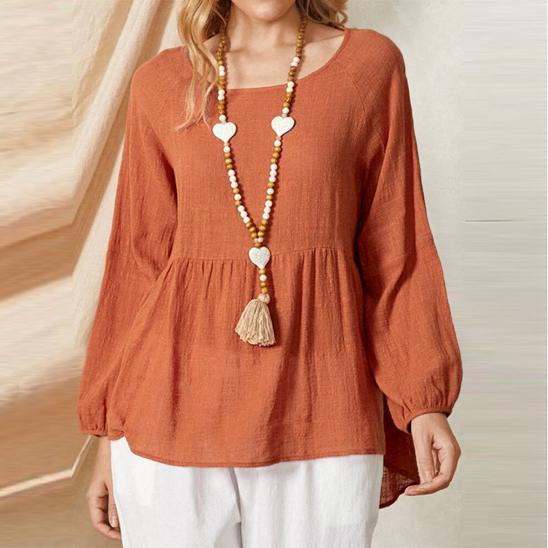 Elegant Solid Round Neck Long-sleeve A-line Blouse - Orange - 5XL - image 1