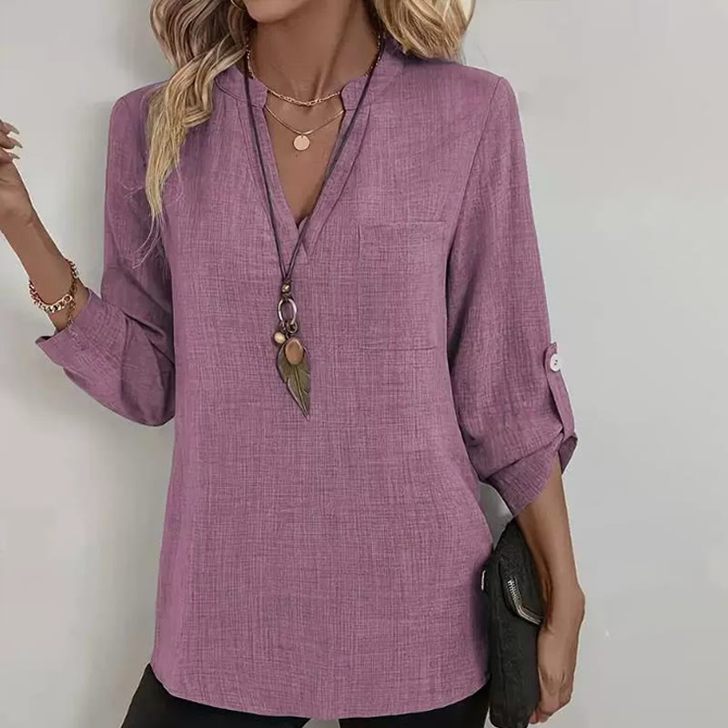 Elegant Solid Single Pocket Notch Collar Long Sleeve Blouse - Purple - 2XL - image 4
