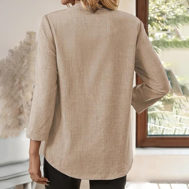 Elegant Solid Single Pocket Notch Collar Long Sleeve Blouse - image 2