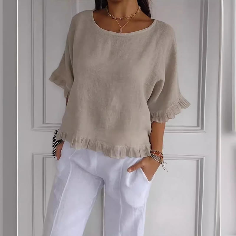Elegant Solid Ruffles Round Neck Half-sleeve Blouse - Apricot - 3XL - image 2