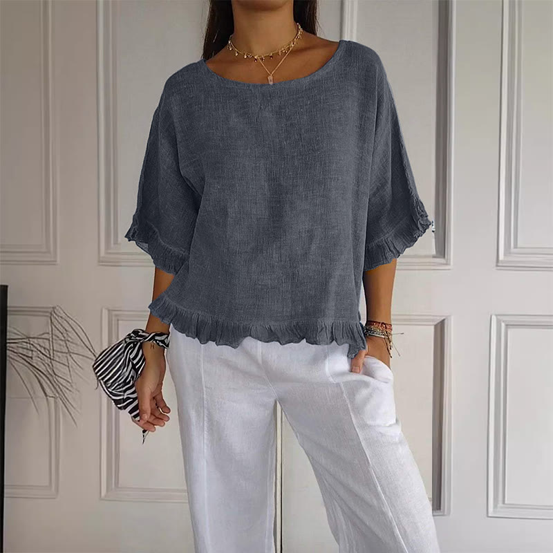 Elegant Solid Ruffles Round Neck Half-sleeve Blouse - Dark Grey - 3XL - image 1