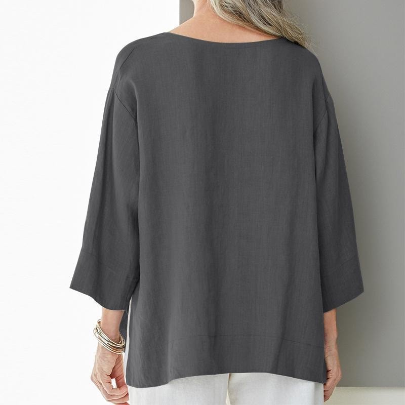 Cozy Solid V-neck 3/4 Sleeve Slit Blouse - image 2