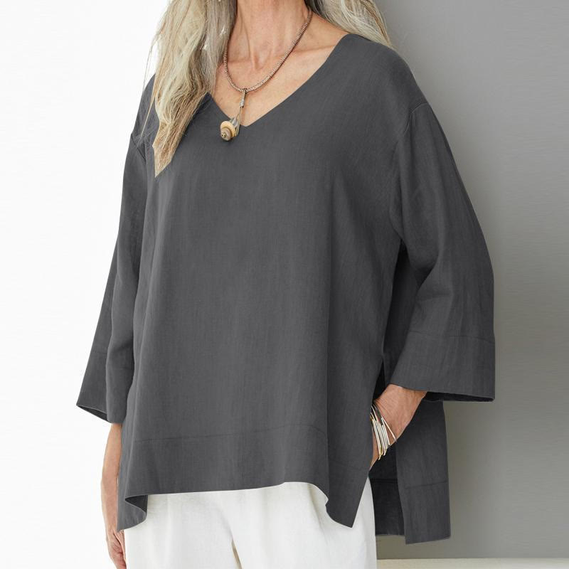 Cozy Solid V-neck 3/4 Sleeve Slit Blouse - Grey - 5XL - image 1