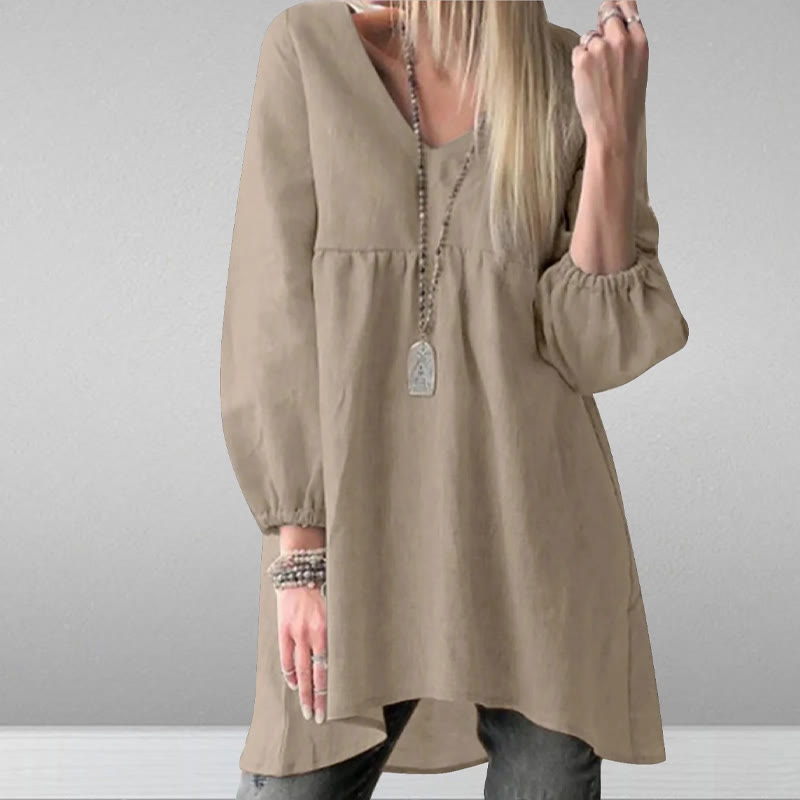 Solid Cozy V-Neck Lantern-Sleeve Babydoll A-line Blouse - Khaki - 5XL - image 2