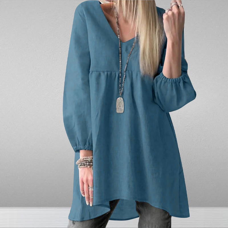 Solid Cozy V-Neck Lantern-Sleeve Babydoll A-line Blouse - Lake Blue - 5XL - image 1