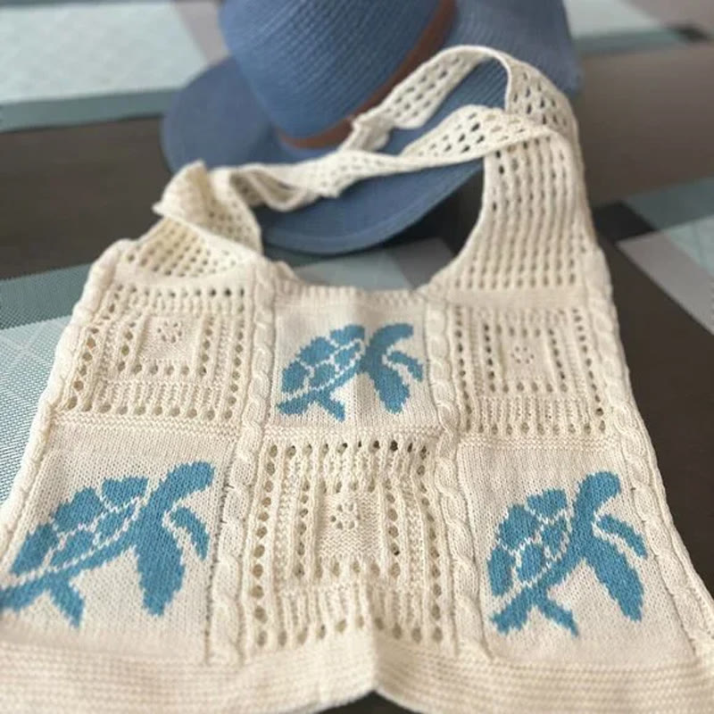 Boho Beach Turtle Open-knit One-shoulder Bag - Blue - 31*39cm - image 2