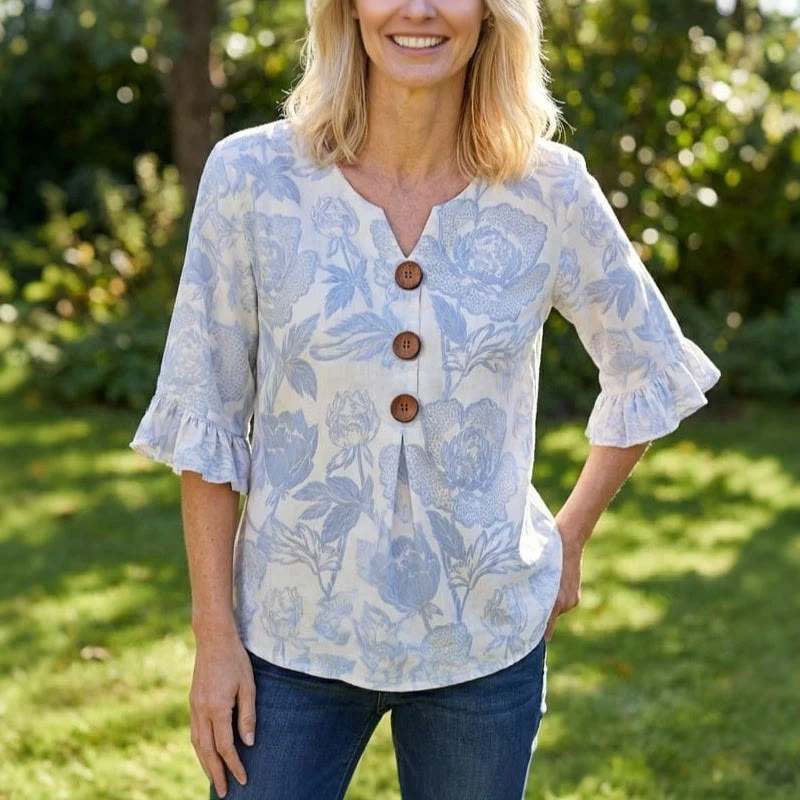 Elegant Floral Silhouettes Button V-neck Blouse With Ruffle Sleeves - image 2