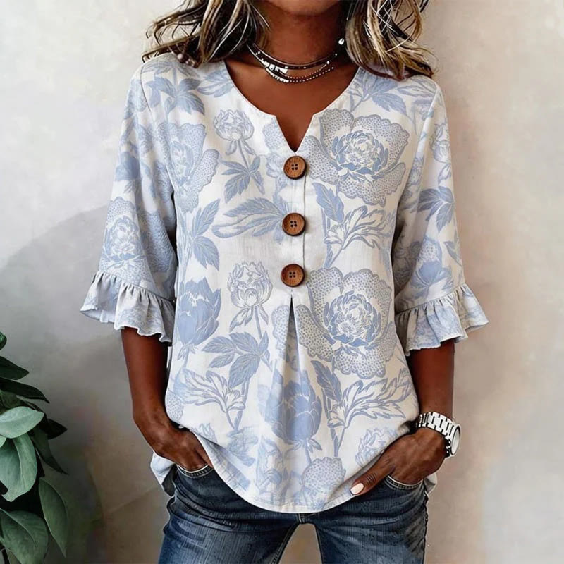 Elegant Floral Silhouettes Button V-neck Blouse With Ruffle Sleeves - Light Blue - US 22 (4XL) - image 1