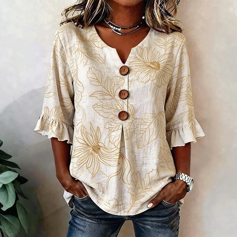 Sunny Sunflower Button V-neck Blouse With Ruffle Sleeves - Apricot - US 22 (4XL) - image 1