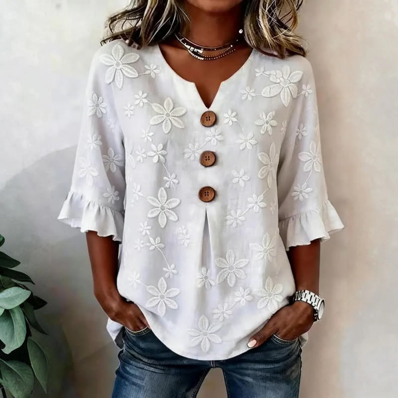 Elegant Lace Pattern Print Button V-neck Blouse With Ruffle Sleeves - White - 5XL - image 1
