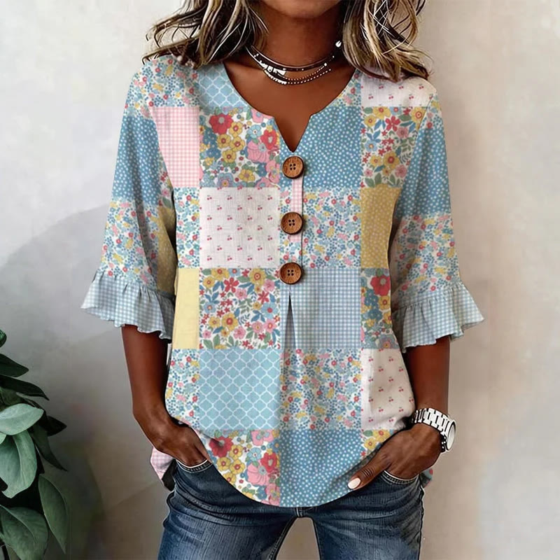 Pastoral Floral Patchwork Pattern Print Button V-neck Blouse With Ruffle Sleeves - Blue - US 22 (4XL) - image 1