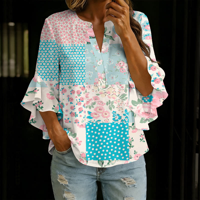  Pastoral Romantic Floral Patchwork Print V-neck Half Sleeve Blouse - Blue - 5XL - image 2