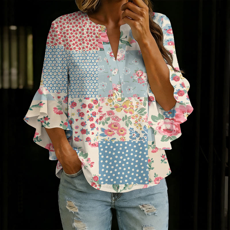  Pastoral Romantic Floral Patchwork Print V-neck Half Sleeve Blouse - Multicolor - 5XL - image 1