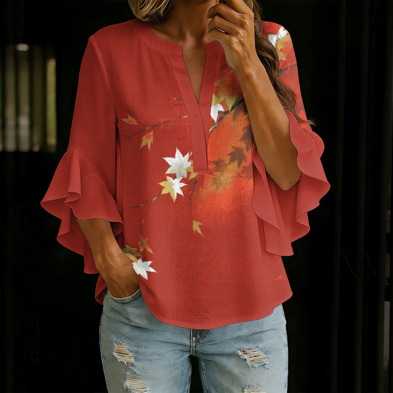 Vintage Maple Leaves And The Setting Sun Pattern Print V-neck Half Sleeve Blouse - Red - 5XL - image 1