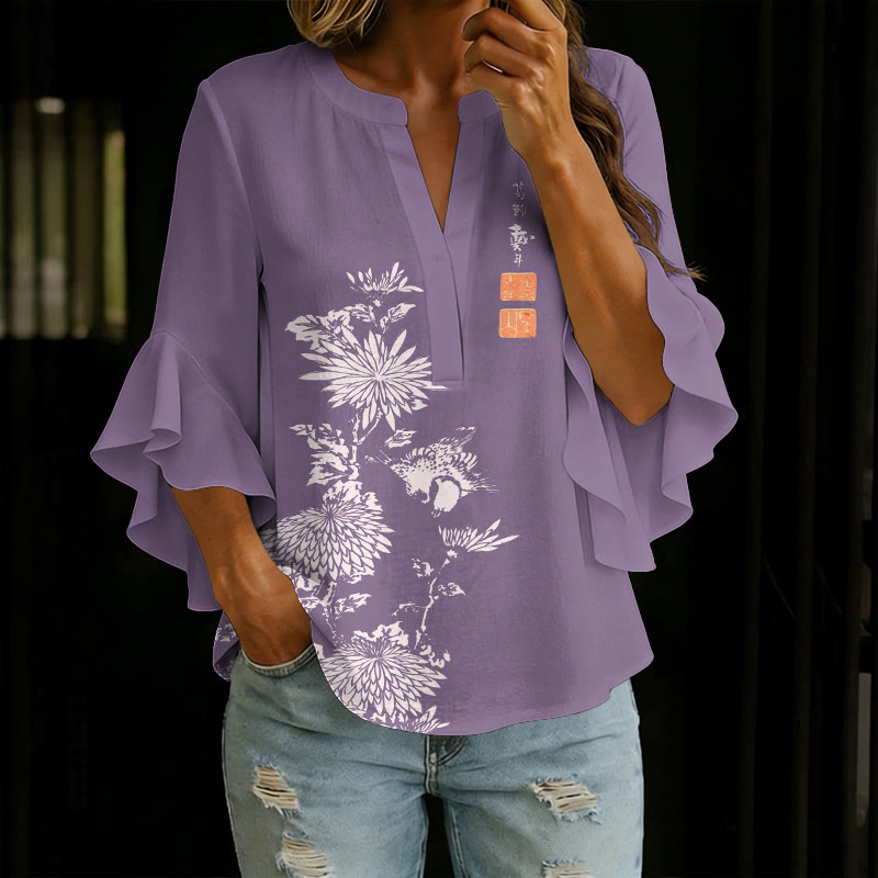 Vintage Chrysanthemum Printed V-neck Half Sleeve Blouse - Purple - 5XL - image 2