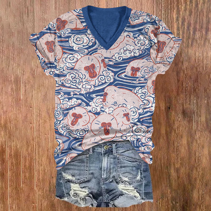 Japanese Funny Hot Spring Monkeys Pattern Print Short Sleeved V-neck T-shirt - Blue - US32-34(5XL) - image 1