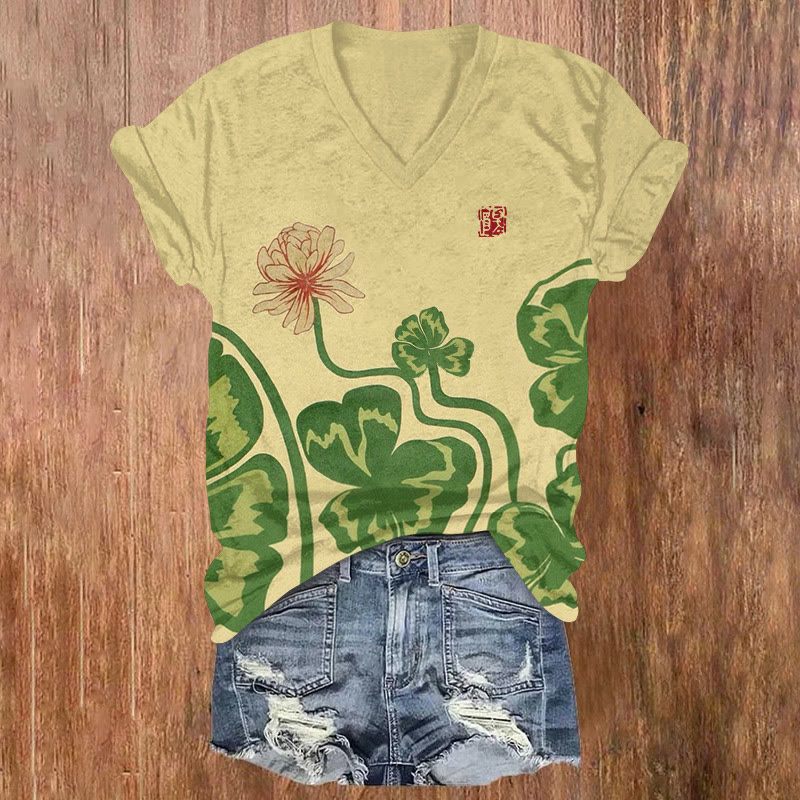 Japanese Lotus And Clover Leaves Pattern Print Short Sleeved V-neck T-shirt - Apricot - US32-34(5XL) - image 1