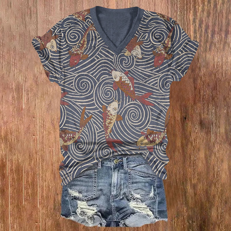 Japanese Koi Ripples Pattern Print Short Sleeved V-neck T-shirt - Blue - US32-34(5XL) - image 1