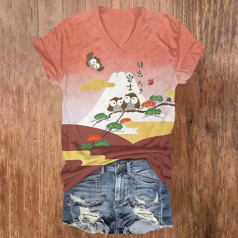 Japanese Mount Fuji And The Owls Pattern Print Short Sleeved V-neck T-shirt - Red - US32-34(5XL) - image 1
