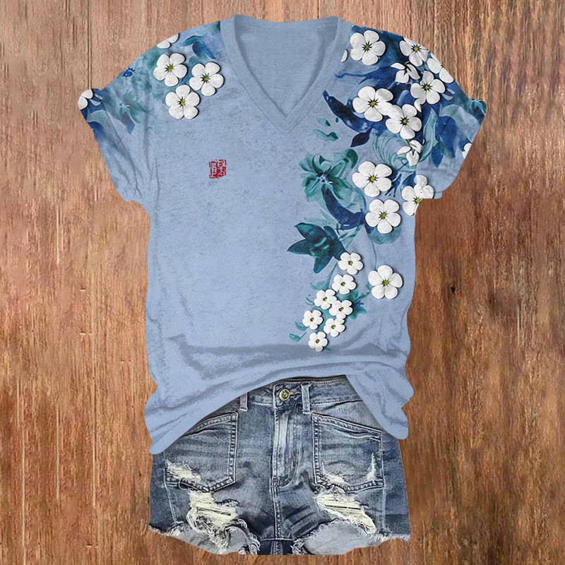 Japanese Ink-wash White Flowers Pattern Print Short Sleeved V-neck T-shirt - Blue - US32-34(5XL) - image 1