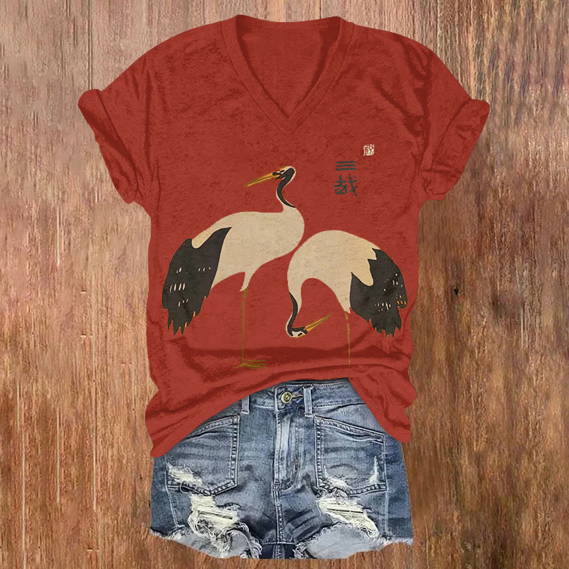 Japanese The Red-crowned Cranes Pattern Print Short Sleeved V-neck T-shirt - Red - US32-34(5XL) - image 2