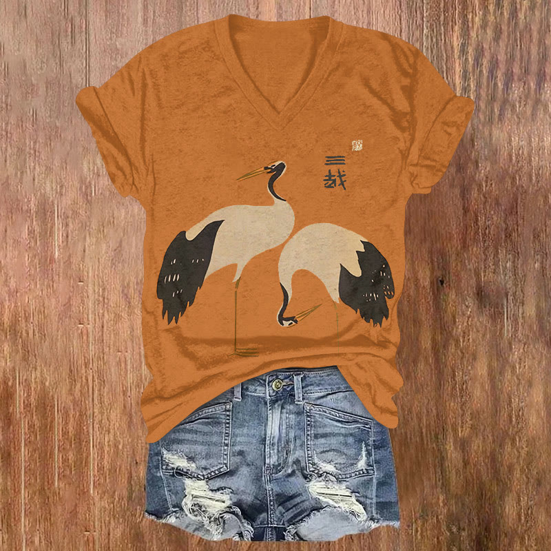 Japanese The Red-crowned Cranes Pattern Print Short Sleeved V-neck T-shirt - Yellow - US32-34(5XL) - image 1
