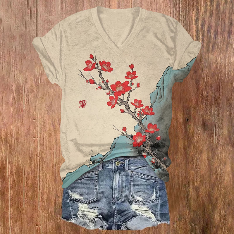 Japanese Red Plum On The Rocks Pattern Print Short Sleeved V-neck T-shirt - Apricot - US32-34(5XL) - image 1