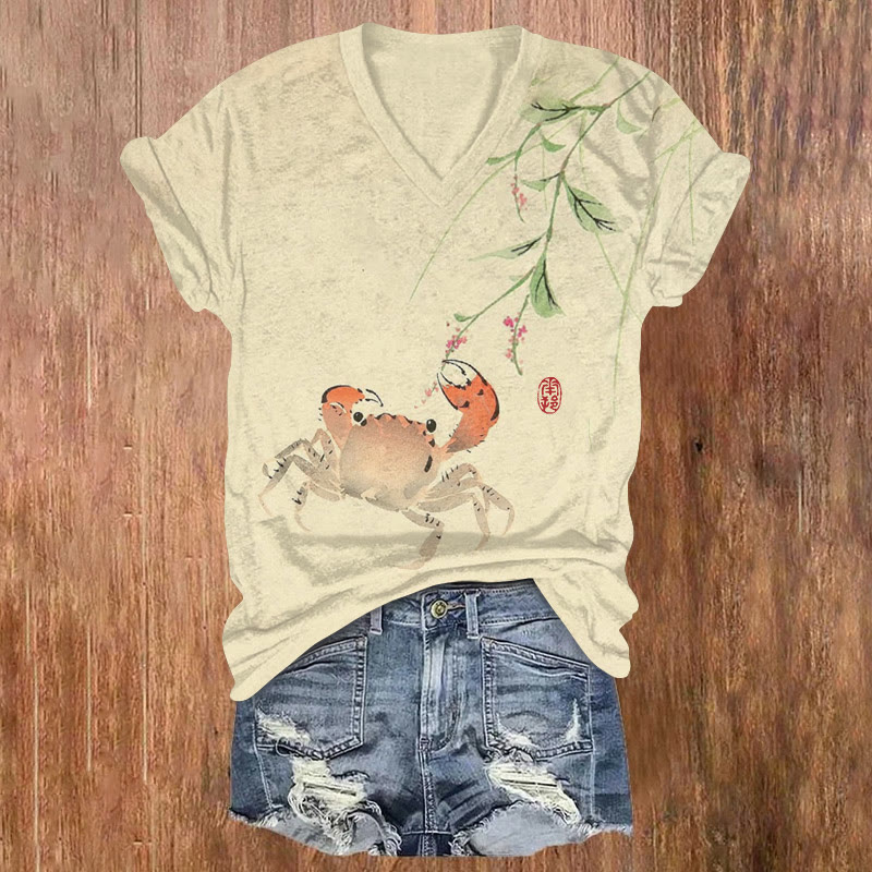 Japanese Watercolor Crab And Flowers Pattern Print Short Sleeved V-neck T-shirt - Apricot - US32-34(5XL) - image 1