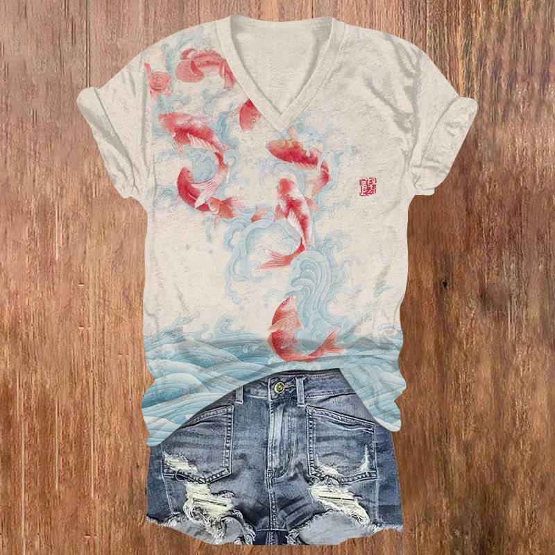 Japanese The Carp Leaps Pattern Print Short Sleeved V-neck T-shirt - Apricot - US32-34(5XL) - image 1
