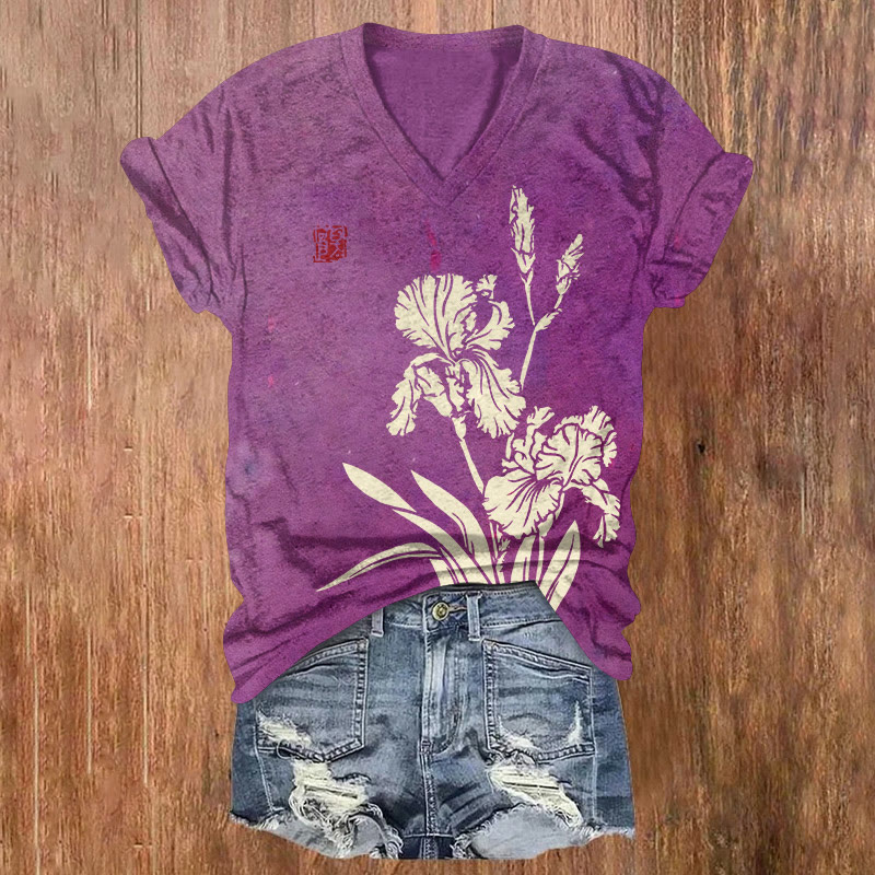 Japanese Ink-wash Gradient Irises Pattern Print Short Sleeved V-neck T-shirt - Purple - US32-34(5XL) - image 2