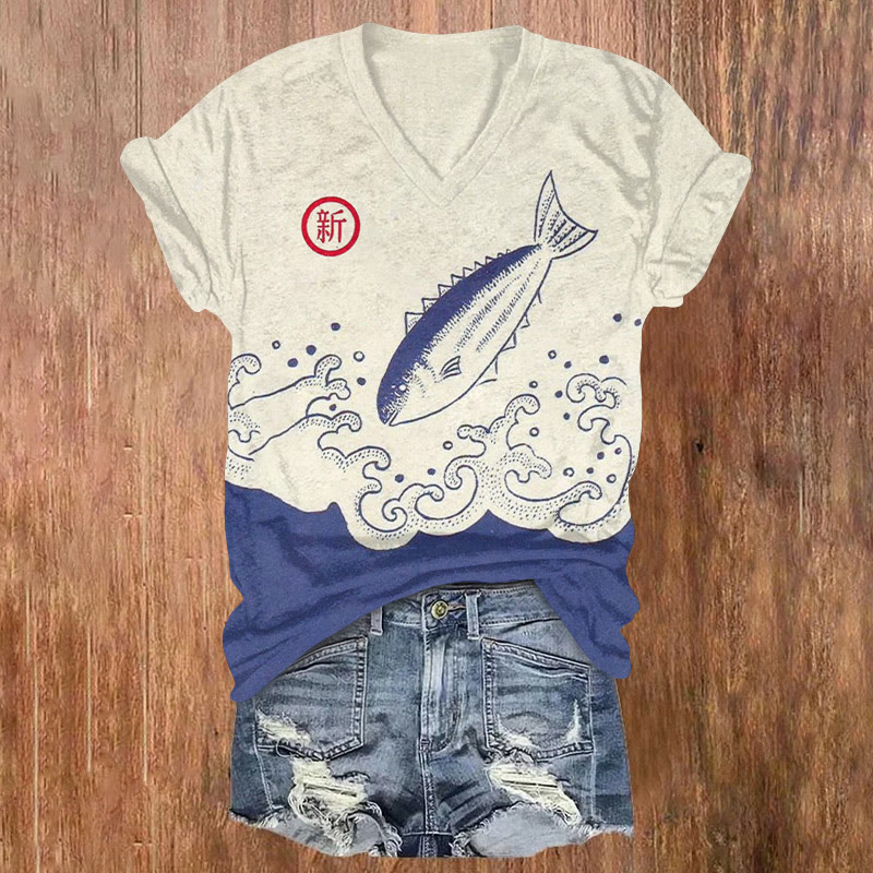 Japanese Vintage Ukiyo-e Waves And Fish Pattern Print Short Sleeved V-neck T-shirt - Apricot - US32-34(5XL) - image 1