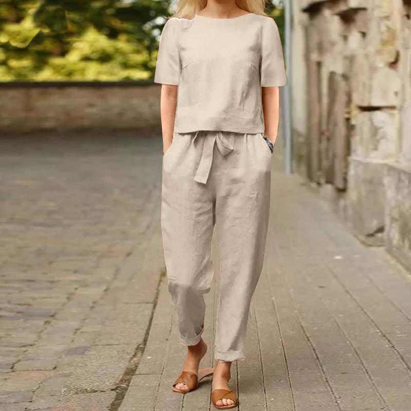 Casual Cozy Loose-Fit Solid Half Sleeve Blouse&Pants Set - Khaki - 5XL - image 1