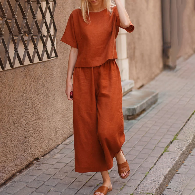 Cozy Solid Loose-fitting Half Sleeve Blouse&wide-leg Pants Set - Orange - 5XL - image 2