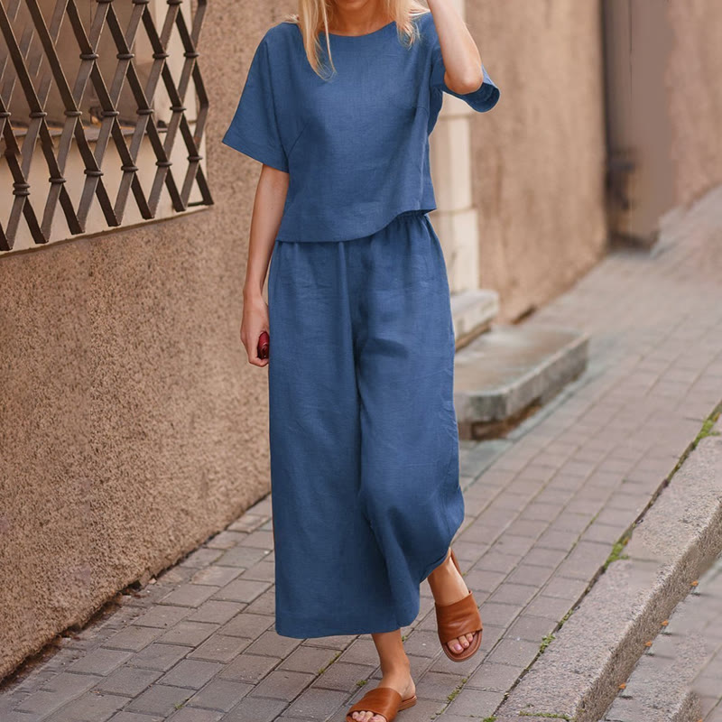 Cozy Solid Loose-fitting Half Sleeve Blouse&wide-leg Pants Set - Navy Blue - 5XL - image 1