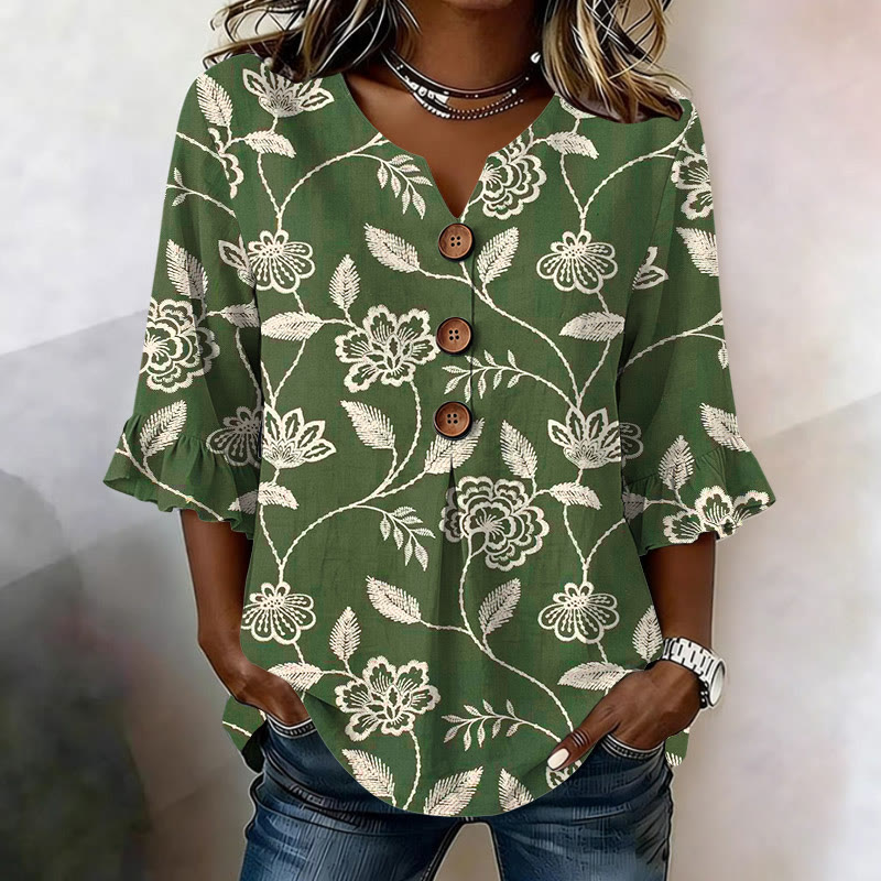 Vintage Floral Stitches Pattern Print Button V-neck Blouse With Ruffle Sleeves - Green - US 22 (4XL) - image 2