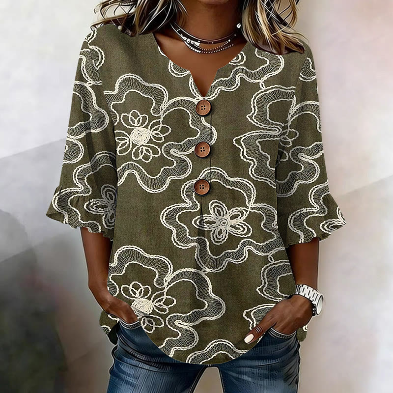 Vintage Floral Curve Stitch Pattern Print Button V-neck Blouse With Ruffle Sleeves - Olive Green - US32-34(5XL) - image 1