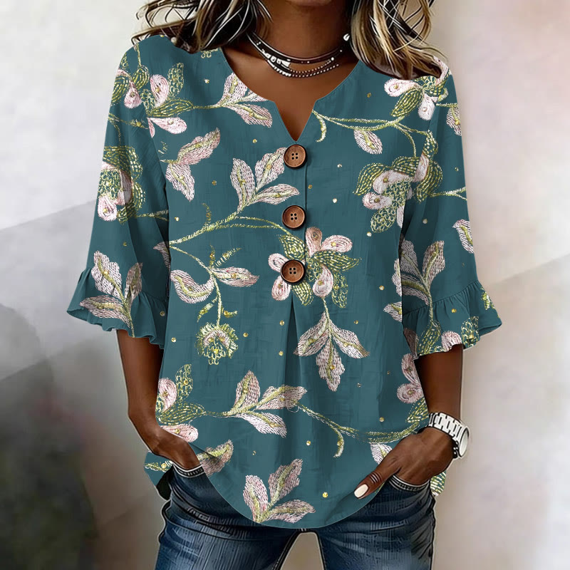 Vintage Sprawling Flowers Pattern Print Button V-neck Blouse With Ruffle Sleeves - Lake Blue - US 22 (4XL) - image 2