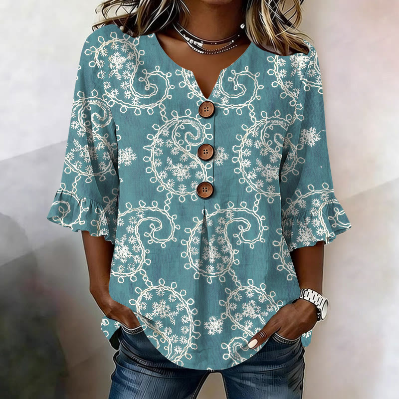 Vintage Paisley Stitch Pattern Print Button V-neck Blouse With Ruffle Sleeves - Light Green - US32-34(5XL) - image 1