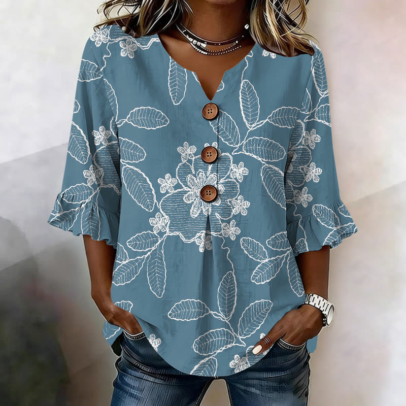 Vintage Elegant Floral Lines Pattern Print Button V-neck Blouse With Ruffle Sleeves - Blue - US32-34(5XL) - image 2