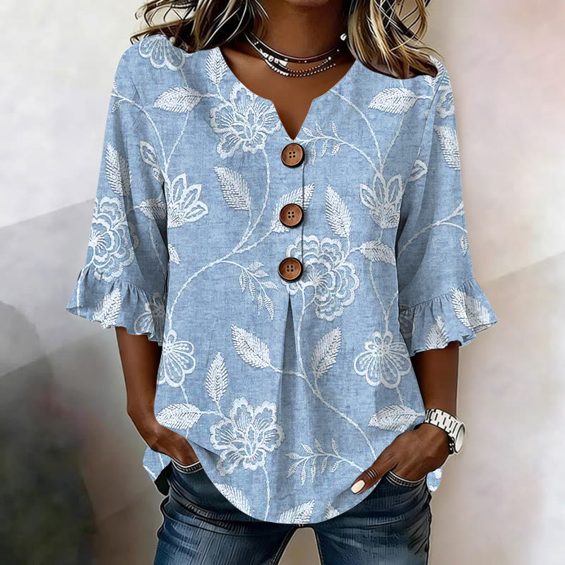 Vintage Elegant Floral Lines Pattern Print Button V-neck Blouse With Ruffle Sleeves - Light Blue - US32-34(5XL) - image 1