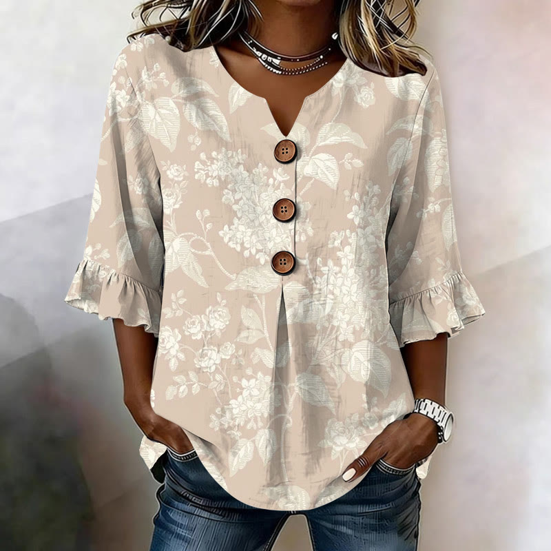 Vintage Monochromatic Flowers Pattern Print Button V-neck Blouse With Ruffle Sleeves - Khaki - US32-34(5XL) - image 2