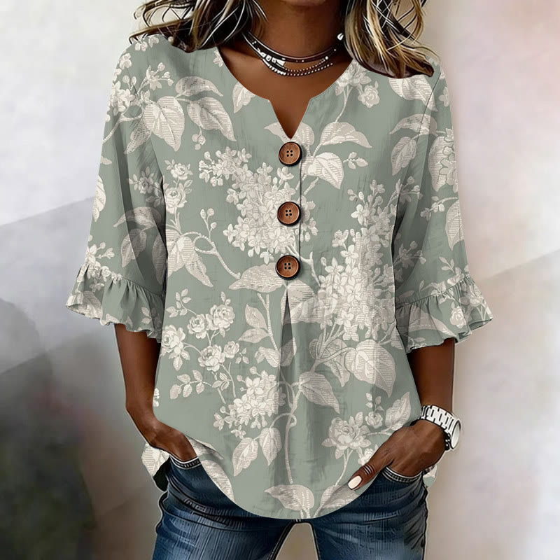 Vintage Monochromatic Flowers Pattern Print Button V-neck Blouse With Ruffle Sleeves - Light Green - US32-34(5XL) - image 1