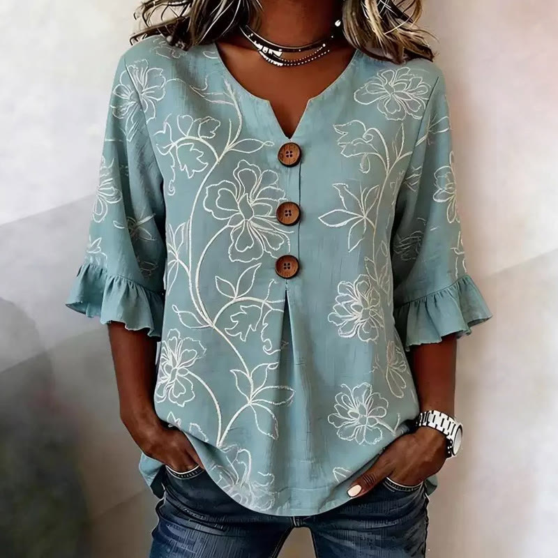 Casual Women's Floral Leaf Print Button V-neck Blouse With Ruffle Sleeves - Blue - US32-34(5XL) - image 1