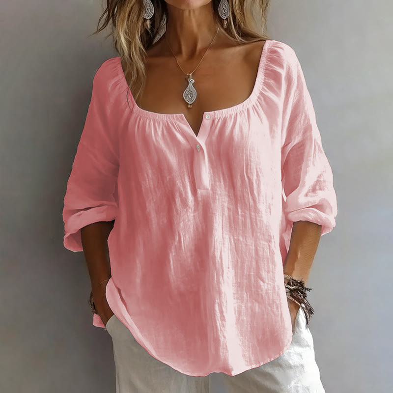 Casual Solid Half-placket Long Sleeve Blouse - Pink - 3XL - image 3